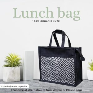 Grihvastu Jute Work Tote Lunch Bag with Zip - Natural Beige Tiffin Carry Bag for Office, 12x10 Inches (Pack of 1)