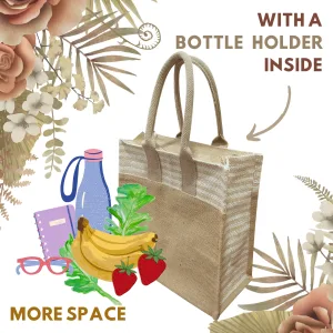 Grihvastu Jute Work Tote Lunch Bag with Zip - Beige Large Tiffin Carry Bag for Office, 11.5x5x12 Inches (Pack of 1)
