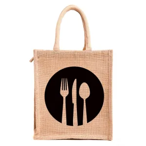 Grihvastu Dine 3 Spoon Printed Jute Lunch Tote Bag with Zip - Beige Medium Tiffin Carry Bag for Office, 10x11 Inches (Pack of 1)