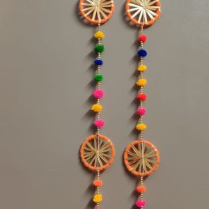 Grihvastu Designer Handmade Multicolor Pom-Pom & Bell Hanging Garlands (4 Feet Pack of 4)