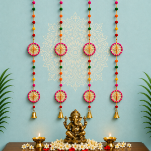 Grihvastu Designer Handmade Multicolor Pom-Pom & Bell Hanging Garlands (4 Feet Pack of 4)