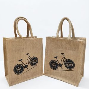 Grihvastu Printed Bicycle Jute Work Tote Lunch Bag with Zip - Beige Medium Tiffin Carry Bag for Office, 10x11 Inches (Pack of 2)