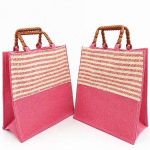 Grihvastu Jute Work Tote Lunch Bag with Zip - Pink Large Tiffin Carry Bag for Office, 11x12 Inches (Pack of 2)