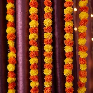 Grihvastu Handmade Artificial Marigold Garlands (Multicolor) - 4.5ft Plastic Floral Strings for Pooja Decor (Pack of 5)