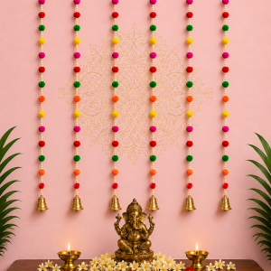 Grihvastu Handcrafted Multicolor Pom-Pom Hanging Garlands with Bells (4 Feet) (Pack of 6)