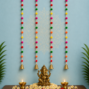 Grihvastu Handcrafted Multicolor Pom-Pom Hanging Garlands with Bells (4 Feet) (Pack of 4)