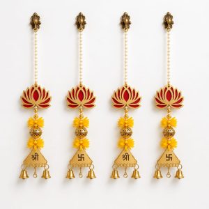 Grihvastu Premium Metal Lotus Side Hangings with Shubh Labh & Swastik Bells for Door Decoration (Size 1.5ft Length, Pack of 4 Piece)