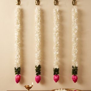 Grihvastu Premium Artificial Jasmine (Mogra) and Lotus Bud Hanging Garlands for Festive Wall Decor (Size 2ft Length, Pack of 4 Piece)